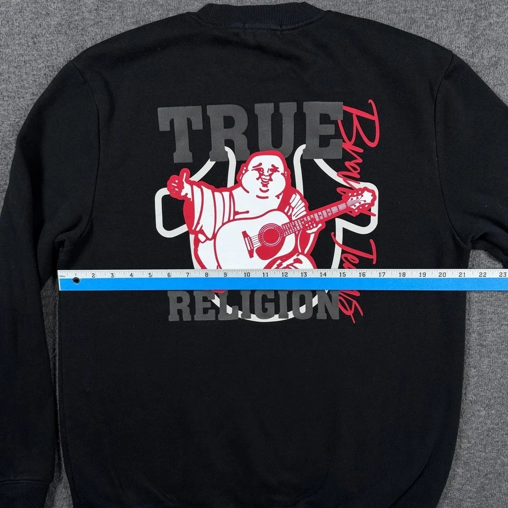 True Religion Sweatshirt Mens Large Black Bold Graphic Crew Neck Fleece Pullover